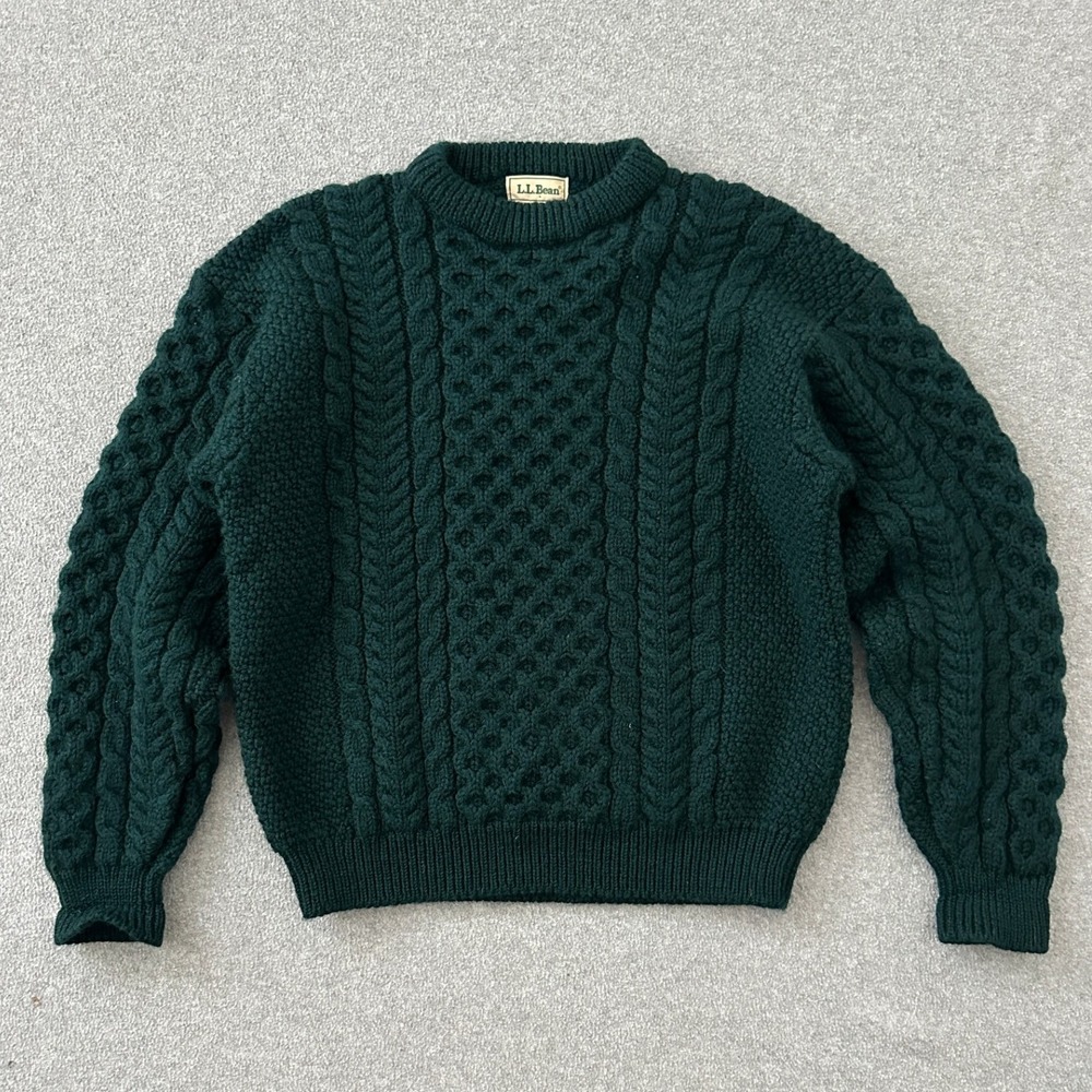 Vtg LL Bean Cable Knit Fisherman Sweater M Green Chunky Ireland Heritage Wool